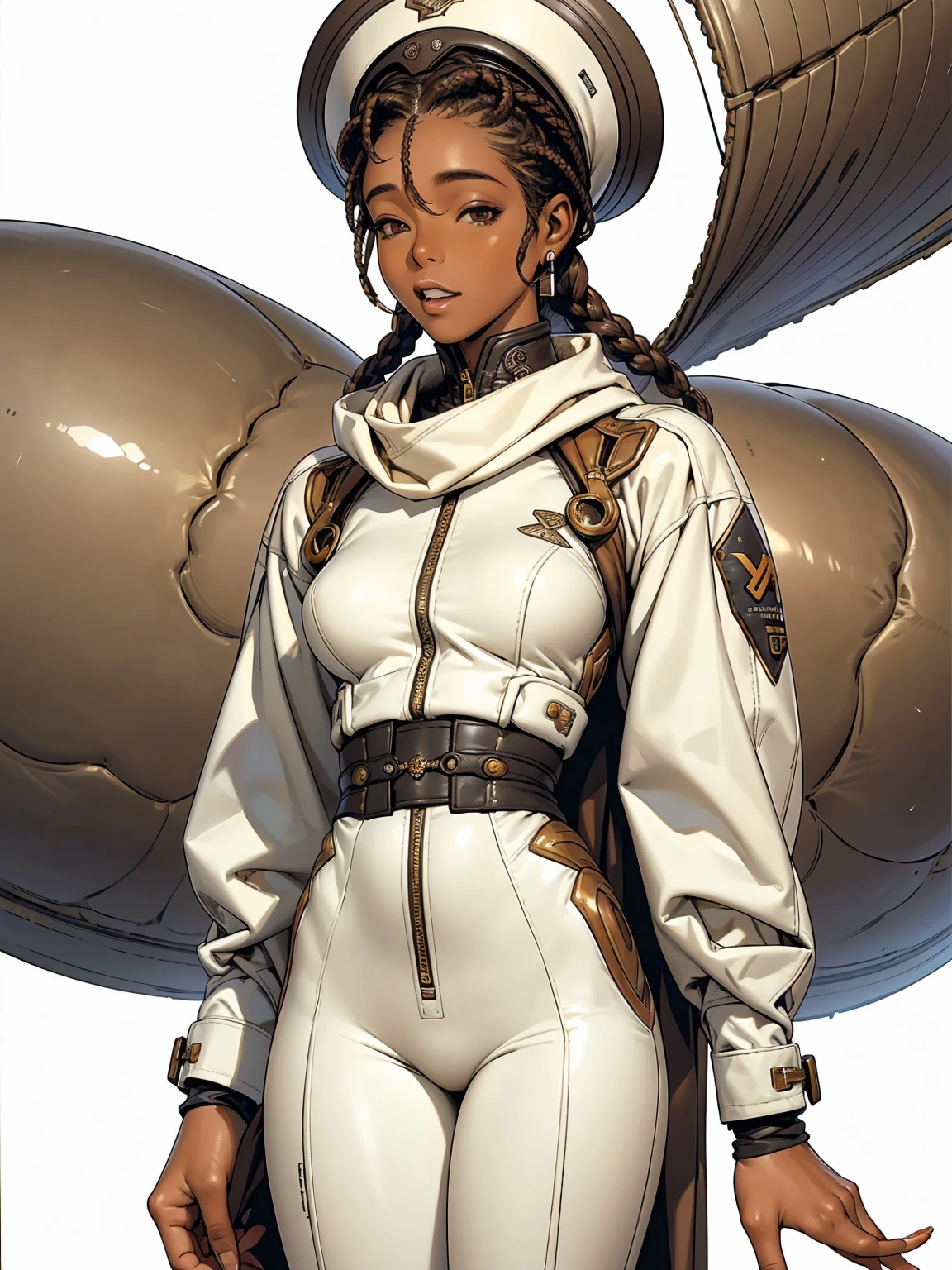 Beautiful African American woman in aviator jacket, (((fully body))), (((dental floss))), (((afro girl))), (((coxas nuas))), (((DuneWalker))), white scarf and bomber aviator hat, digitalpainting, Digital illustration, extreme detail, digitl art, 4K, ultra HD. Your skin is deep, rich color and her hair is pulled back into two braids