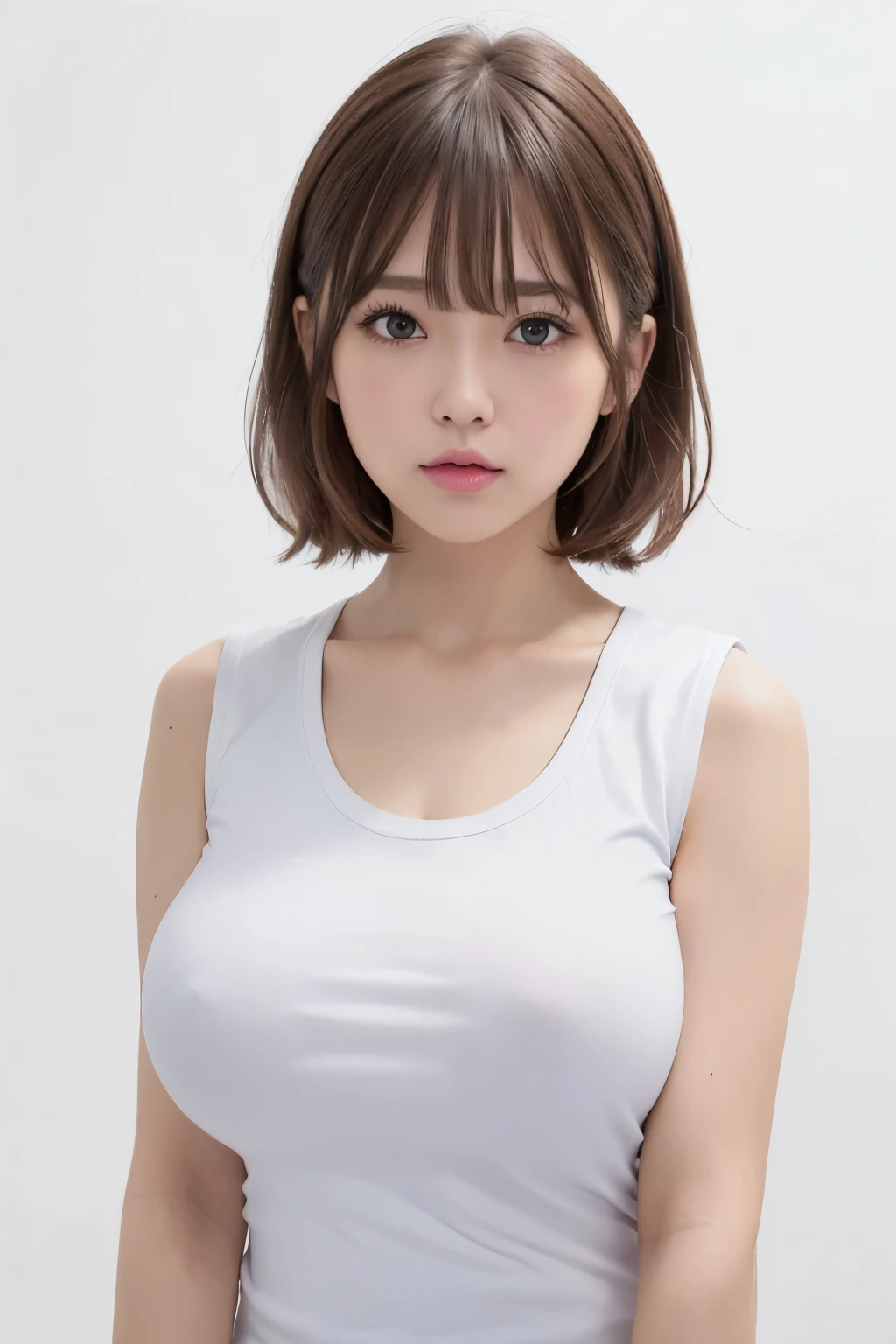 Highest quality, Realistic, 8K, High resolution, 1 Girl, woman, (Skin Dentition), (Portraiture: 0.6), nice, (White Background: 1.82)), ((Big round breasts, Sleeveless White T-Shirt: 1.75)), Straight Watching Viewers: 1.8, (1 Girl Eyes, Medium length hair, Brown Hair, Parted bangs : 1.65), Realistic, (Bokeh), (Mouth closed: 1.46), nice, Purelos Face_v1,　Counselor working at a cosmetic surgery clinic　Droopy eyes　Tanuki face　Loli face　hanging cocoon　Landmine makeup　A bold eyeshadow makeup with a mix of pink and blue