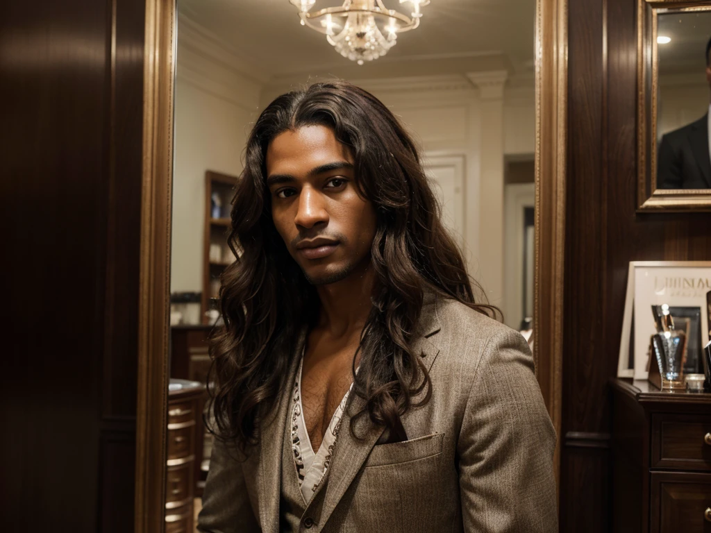 a detailed portrait of a stylish man with long curly hair, dark skin, and an elegant suit, standing in a classic barbershop interior with vintage decor and lighting, highly detailed, photorealistic, studio lighting, sharp focus, vivid colors, intricate details, elegant, sophisticated, refined, urbane, charming, handsome, charismatic, confident, pensive expression, (best quality,4k,8k,highres,masterpiece:1.2),ultra-detailed,(realistic,photorealistic,photo-realistic:1.37)