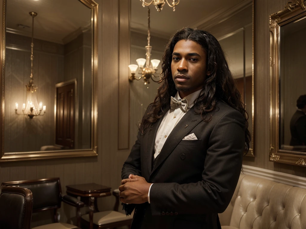 a detailed portrait of a stylish man with long curly hair, dark skin, and an elegant suit, standing in a classic barbershop interior with vintage decor and lighting, highly detailed, photorealistic, studio lighting, sharp focus, vivid colors, intricate details, elegant, sophisticated, refined, urbane, charming, handsome, charismatic, confident, pensive expression, (best quality,4k,8k,highres,masterpiece:1.2),ultra-detailed,(realistic,photorealistic,photo-realistic:1.37)