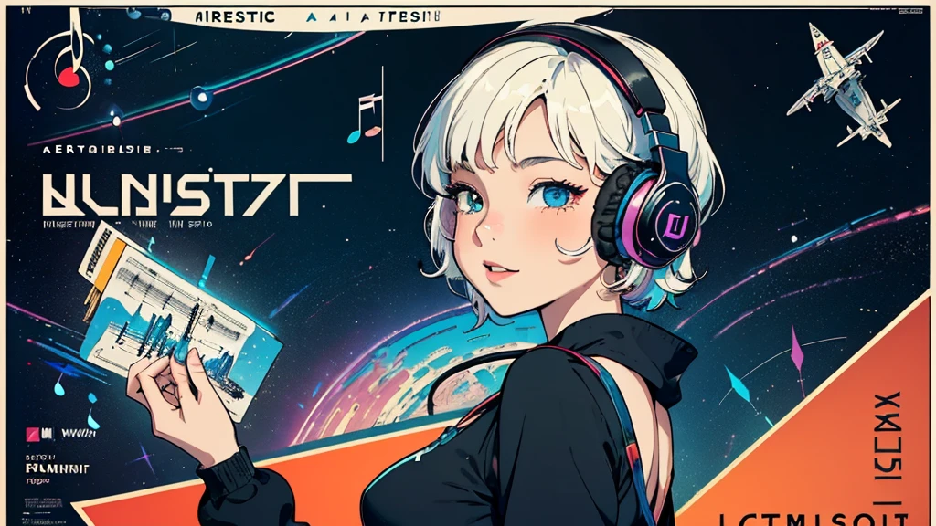 (((masterpiece, Highest quality))),(((alone:1.2))),(((One girl:1.2))),32K Wallpapers, Very detailed, Poster, Vintage science fiction, 1960s,(((((geometric cinematic Music poster))))), (futuristic), shape,(((Plane composition))), Midcentury Modern, movie Poster, Vintage, Perfect Lady,1970s, Halftone, Speech bubble,(((portfolio,close))),(((Different angles))),(((breast enhancement))),((highlight)),Vast landscape,((((Heterochromia iridis)))),(((completion. Detailed face))),(((Very talented))),(((Wearing headphones))),((Overall colorful))