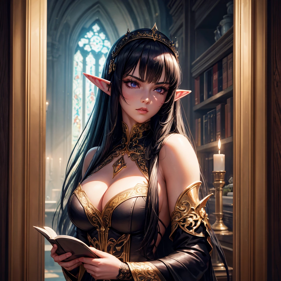 a woman, 1girl, elf, very long black hair, big breasts, long pointed ears, purple eyes!!!, serious face, sexy black toga, deep neckline, walk in a large library, black castle, very sexy body, detailed face, beautiful detailed eyes, beautiful detailed lips, extremely detailed eyes and face, long eyelashes, detailed clothing, intricate details, highly detailed, photo realistic, 8k, best quality, masterpiece, cinematic lighting, dramatic lighting, vibrant colors, fantasy, digital art, concept art