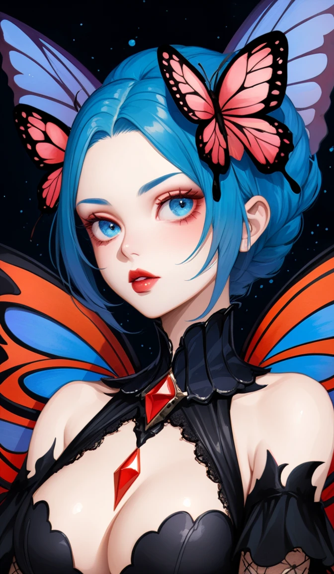 atmosfera sanguinária terror devil bat dark fairy and colorful mix (blue, orange, black, white) butterflies around her. sexy Sasuke + bulma big tits power chamas negras Magnificent butterfly wings. Colorful mix stars red on the head. Light colored big eyes. Eyes and pupils should be symmetrical. Look at the camera. Pink and blue tulle dress with top and white skirt. Full lips. Close-up portrait. Centered image. I don't want jewelry. Elegant face. Ink drawing. Watercolor. Hyperrealism. Fantastic. Fantasy. Naturalism. Surrealism. Pop Surrealism. Absurd. Close-up portrait. Centered image. Perfect pose. Admirable. I don't want jewelry. Flawless beauty. Rare beauty. Mysterious. A dreamy fairy tale. Storybook illustration. A masterpiece of small details. Sharp focus. Ultra detailed. Dynamic pose. Fluent. Energetic. Organic. Atmospheric. Perfect synchronization of soft colors and vivid colors. 60-30-10 rule. The image must have a mysterious look and an incredible masterpiece quality. Ultra detailed. Soft palette. Transition from tone to tone. Super details. Pay close attention to small details. Ultra-fine details that capture every texture. The macro should provide details. Super detailed texture. Realistic texture design. Luxurious details. It must be absolutely perfect. Cinematic effects must be applied. The proportions of objects must match the aspect ratio of the screen. It must be UHD (Ultra High Definition format). High quality. 32k Ultra HD, ultra realistic. 35mm Fuji Film. Pino Daeni style.  Brooke Shaden style.  Michael Hussar style. Gerald Brom style. 