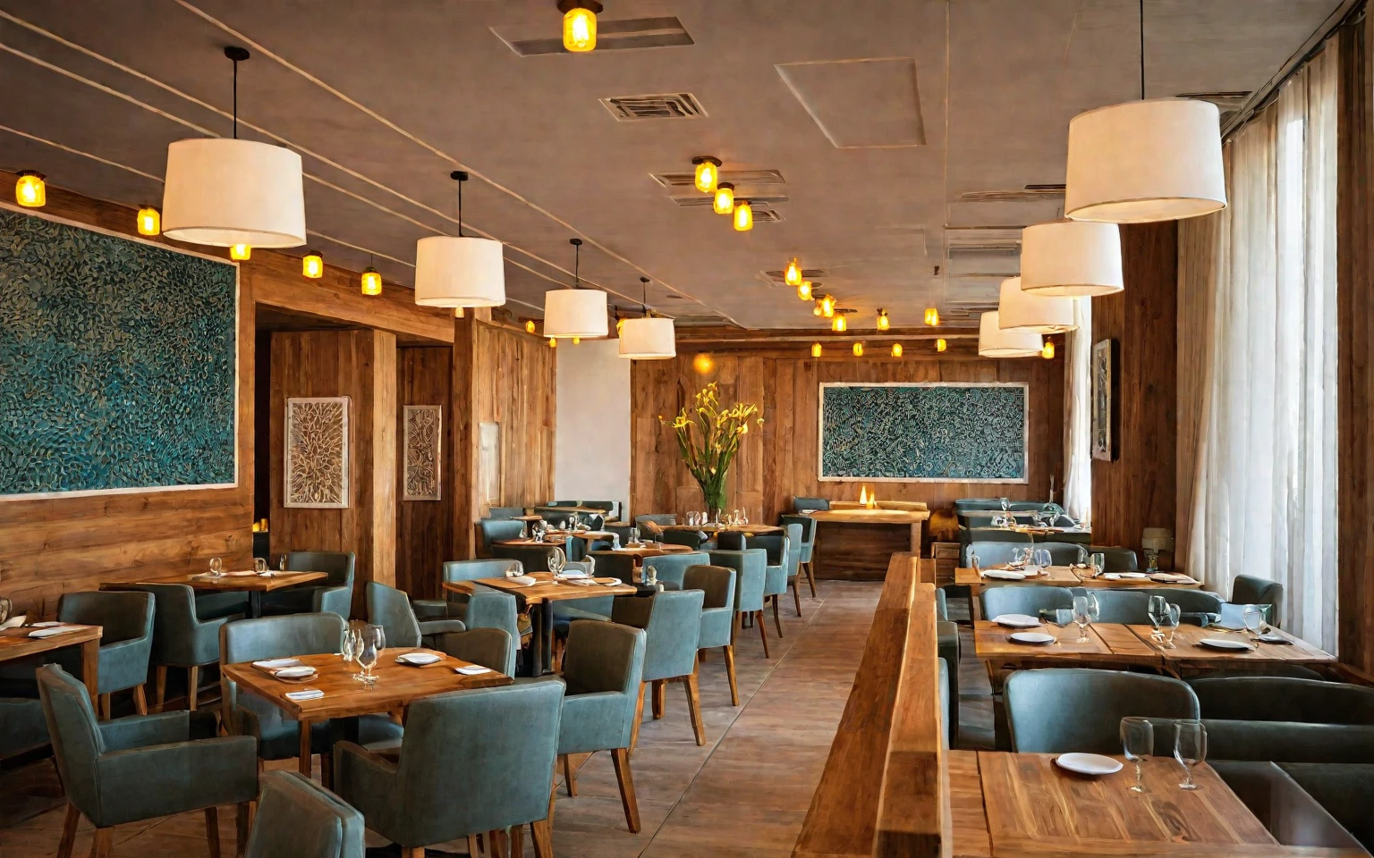 "Restaurant, Mediterranean style, wooden furniture, contemporary hanging lights, beautiful lighting, sunset ambiance."