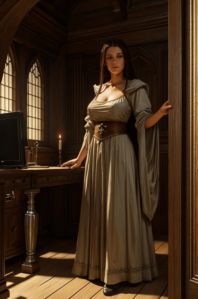 Fantasy (Best quality:1.1),(Realistic:1.0),(highly details:1.0),  ghost, transparent, ethereal, female, attractive face, medieval maid garb, exposing breasts, Medieval Style, view of inside of a small study, background, cinematic, trending on artstation, Clyde Caldwell, matte painting,LegendDarkFantasy,