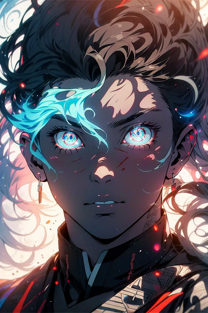 Realistic, (masterpiece, top quality, best quality, official art), very detailed, colorful, most detailed, gods, long blong hair, (glowing blue eyes), mysterious, (magic), handsome man, demon, blood, oni, Kimetsu no Yaiba, eyes with upper moon mark, anime Demon Slayer