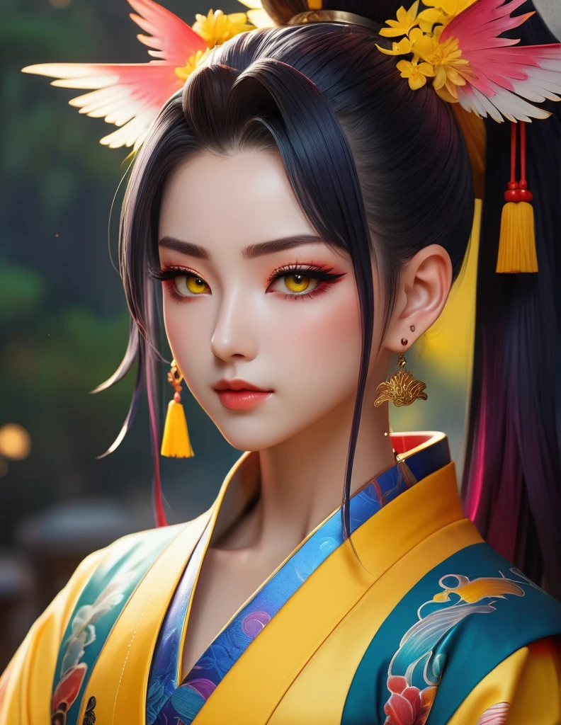 quality(8k wallpaper of extremely detailed CG unit, ​masterpiece, hight resolution, top-quality, top-quality real texture skin,hyper realisitic, digitial painting,increase the resolution,RAW photos，best qualtiy,highly detailed,the wallpaper),BREAK,8K, onmyoji-style art, full face, from profile,  rainbow color gradient high ponytail：1.7, yellow dress, yellow eyes, simbol tattoos 