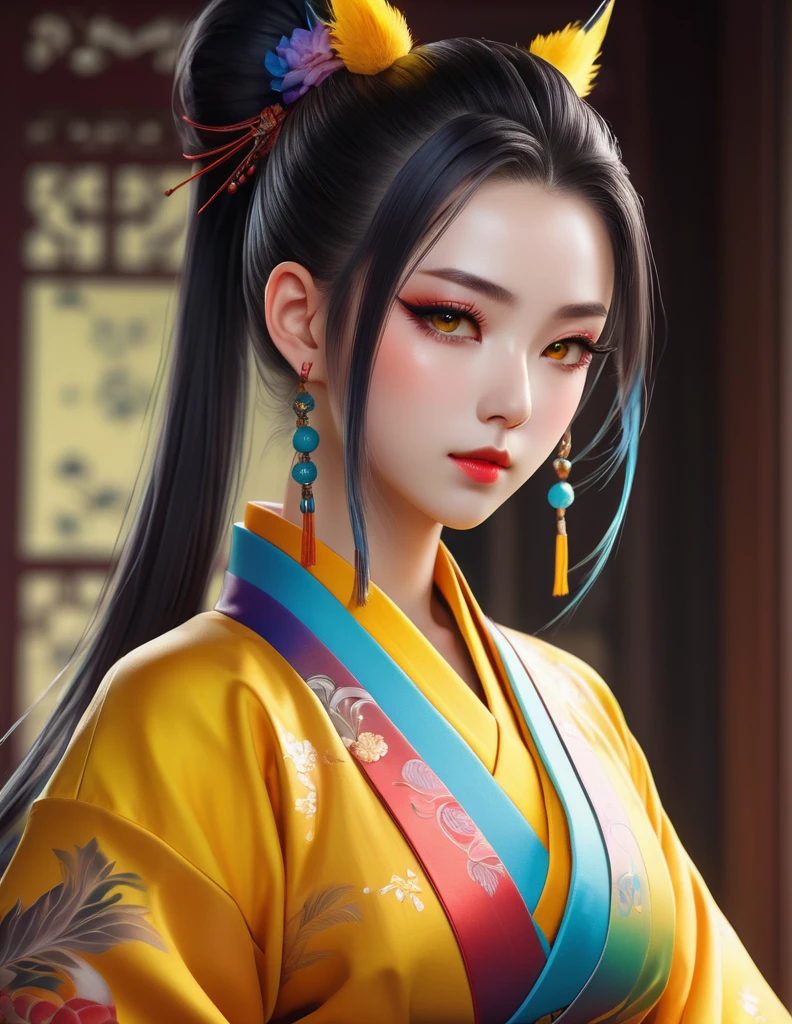 quality(8k wallpaper of extremely detailed CG unit, ​masterpiece, hight resolution, top-quality, top-quality real texture skin,hyper realisitic, digitial painting,increase the resolution,RAW photos，best qualtiy,highly detailed,the wallpaper),BREAK,8K, onmyoji-style art, full face, from profile,  rainbow color gradient high ponytail：1.7, yellow dress, yellow eyes, simbol tattoos 