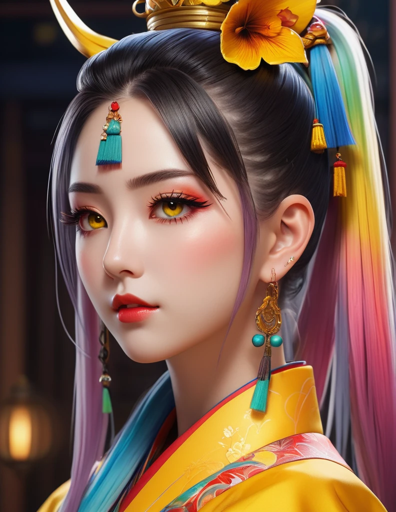 quality(8k wallpaper of extremely detailed CG unit, masterpiece, hight resolution, top-quality, top-quality real texture skin,hyper realisitic, digitial painting,increase the resolution,RAW photos,best qualtiy,highly detailed,the wallpaper),BREAK,8K, onmyoji-style art, full face, from profile, rainbow color gradient high ponytail:1.7, yellow dress, yellow eyes, simbol tattoos