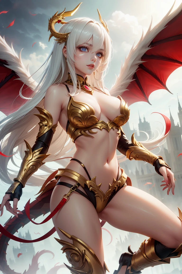 golden dragon girl with wings, White hair, perfect hands, golden shine, fictional figure body hands on waist