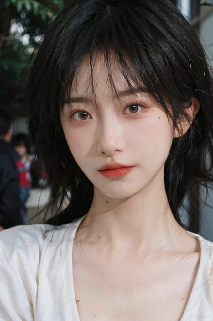 (Skin details:1.4), (smooth skin textures:1.3), Lipstick, Upper body,Upper Body,background, earrings, serene, calm, (Dress conservatively:1.8),(Realistic and detailed eyes:1.2), Natural skin texture, Realistic facial details, Soft dramatic lighting, Vivid details, 35 mm film, outdoor, (Photo Practical:1.4), (hyper Practical:1.4), (Practical:1.3), (Smoother lighting:1.05), (Improve lighting quality:0.9), (Highest quality real skin textures:1.4), Exquisite eyes, Delicate face, Close-up of face, (Enhance the beauty of skin texture:1.1), Hair details, model,normal body ratio, short hair, Moles under the eyes, Medium shot,Portrait Photography, Depth of Field, Bokeh, Surrealism, Ray Tracing, (Portrait Photography:1.1), Surrealism, High Detail, Chiaroscuro, Ray Tracing, reflected light, Ultra HD, Ultra HD, masterpiece, Textured Skin, Super Detail, High Detail, high quality, best quality