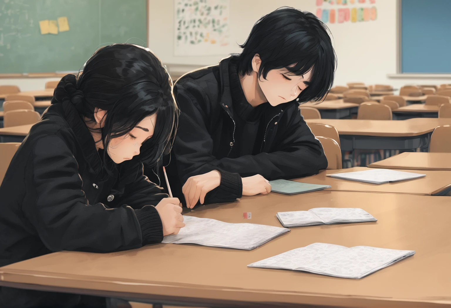 A boy, black hair, black jacket, looking at a sleeping girl, black hair, wearing a sweater, on the table, empty classroom, chibi