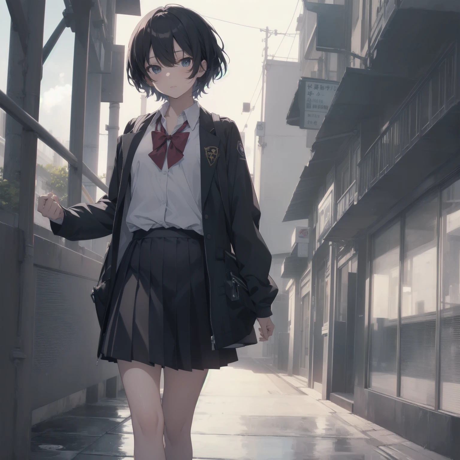 ultra-absurdres-Top quality by artist God, ultra-detailed, high resolution, anime moe artstyle, best anime 8k konachan wallpaper, pixiv contest winner, pool:2810, perfect anatomy,break, 1girl, (Please draw a girl walking sleepily to school alone. )break,(Solo,little female, 13-year-old:1.3),Full limbs, complete fingers,a junior high school student, (very short hair), short cut, flat chest, , small butt, small black eyes, beautiful detailed eyes, well-proportioned iris and pupils, expressive eyes, highres detailed hair, soft expression, salor school_uniform, sailor collar, serahuku, bow, pleated skirt,(Detailed Lighting), (Detailed background), in the School commute route. break,super detailed skin, Best cinematic lighting powered by famous artist, 8k,beauty illustration,photoshop_(medium),very aesthetic,break,((artist:toosaka_asagi )), artist:clamp ,artist:carnelian ,artist:kantoku ,
