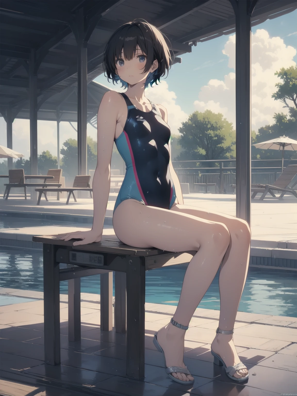 ultra-Top-quality by art God, ultra-detailed, high resolution, shinkai makoto style, anime moe artstyle, best anime 8k konachan wallpaper, pixiv contest winner, perfect anatomy, break,(Please draw a picture of a girl in a swimsuit sitting sleepily on a bench by the poolside alone.),break, a hyperrealistic school girl, (Solo,ta, kid, 13-year-old:1.3),Full limbs, complete fingers, androgynous charm, (very short hair), wet hair, small breasts,slender body, Small butt, groin, Small black eyes,hanme,beautiful detailed eyes, well-proportioned iris and pupils, sleepy eyes, highres detailed hair, swimsuit, wet swimsuit, bare shoulders, thighs, in the school pool. break,super detailed skin, shiny skin, Best lighting powered by famous artist, 8k, illustration,UHD, textured skin,break,((artist:toosaka_asagi )), artist:clamp ,artist:carnelian ,artist:kantoku ,