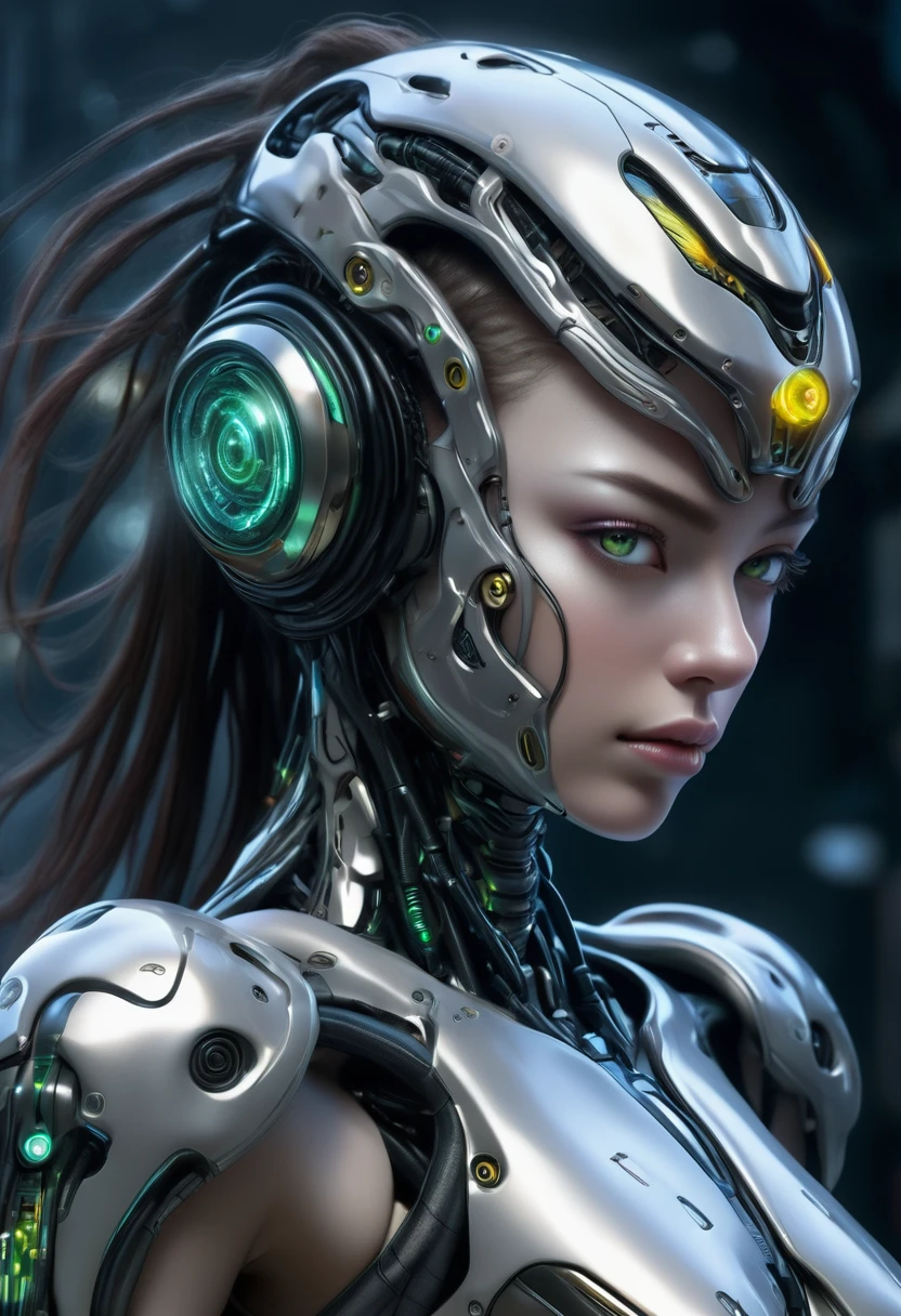 Create a detailed female human-cyborg hybrid., a fascinating depiction of a human-cyborg hybrid, a seamless fusion of organic mechanical and cybernetic elements, (fighter class cyborg), has advanced technology, seamlessly integrates with its biological features, a formidable and visually stunning creature, captivating the imagination , nature and advanced technology come together in this unique creature,