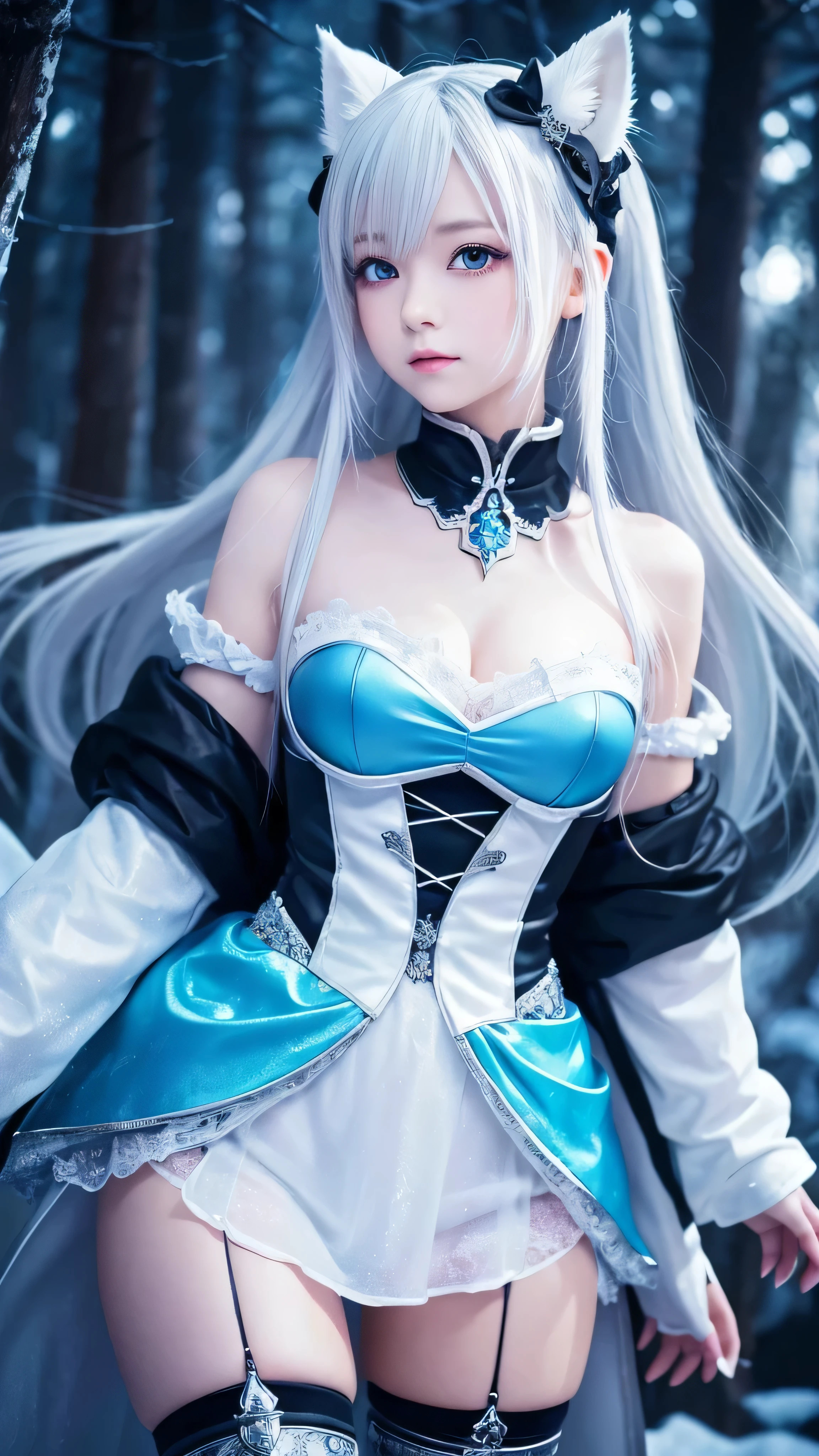 Best quality, cinematic image, detailed image, fantasy, detailed face, detailed beautiful blue eyes, ice goddess, Queen of Winter, horns, Throne room, everything is in ice, белая кожа, Very long white hair, bodycon white dress, Beautiful woman, high, cold look