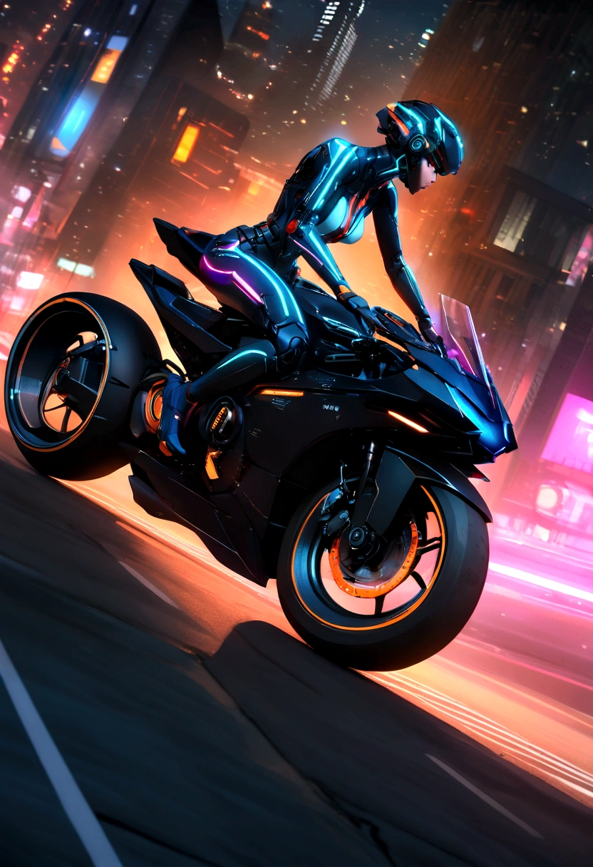 cyberpunk style bike, Black and neon coloring, Features intricate and sophisticated mechanical construction with shiny parts. Simple Background, Photo by Juergen Teller. camera model: Sony α9 II. Camera parameters: Shutter Speed 1/200, F4 aperture.5, ISO 800 Certificate. Lighting style: Street lighting. Imaginary words: powerful, elegant, Futuristic
