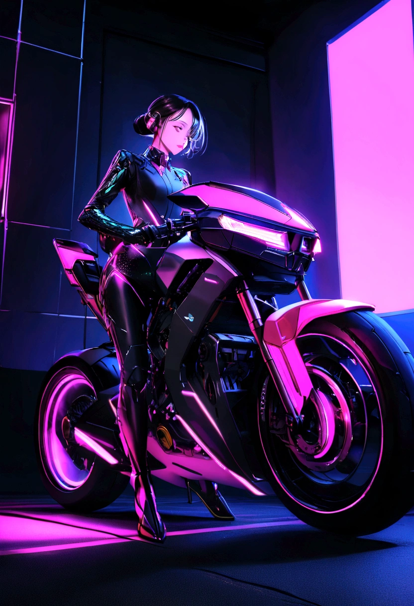 cyberpunk style bike, Black and neon coloring, Features intricate and sophisticated mechanical construction with shiny parts. Simple Background, Photo by Juergen Teller. camera model: Sony α9 II. Camera parameters: Shutter Speed 1/200, F4 aperture.5, ISO 800 Certificate. Lighting style: Street lighting. Imaginary words: powerful, elegant,  Futuristic