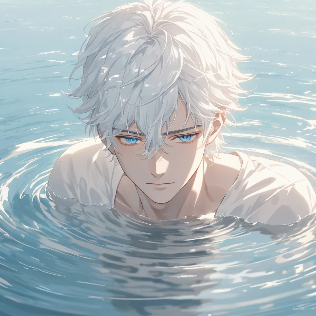 Anime-style male character in water, (long white hair:1.2), (gentle expression:1.1), blue eyes, white noble outfit, (rippling water effect around body:1.3), sunlight reflecting on water, clear sky, subtle water splashes, high-resolution digital art, soft color palette, tranquil atmosphere, (serene ocean background:1.1), realistic water texture