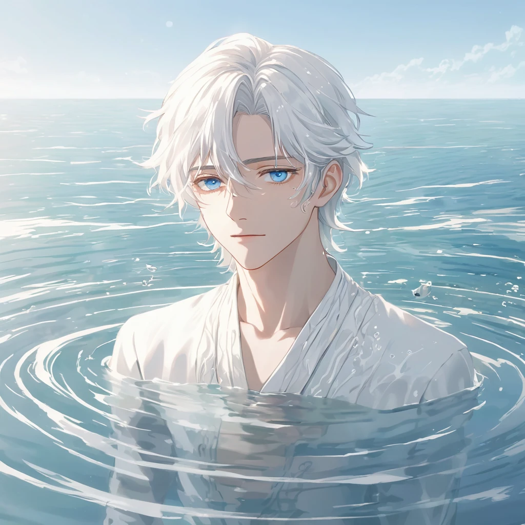 Anime-style male character in water, (long white hair:1.2), (gentle expression:1.1), blue eyes, white noble outfit, (rippling water effect around body:1.3), sunlight reflecting on water, clear sky, subtle water splashes, high-resolution digital art, soft color palette, tranquil atmosphere, (serene ocean background:1.1), realistic water texture
