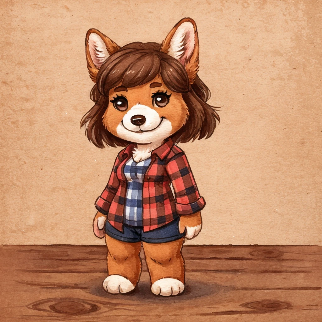 a anthropomorphic Lapinkoira, female dog, she has brown hair, she's dressed with a lumberjack shirt, closed smile, chibi style, high quality furry art.