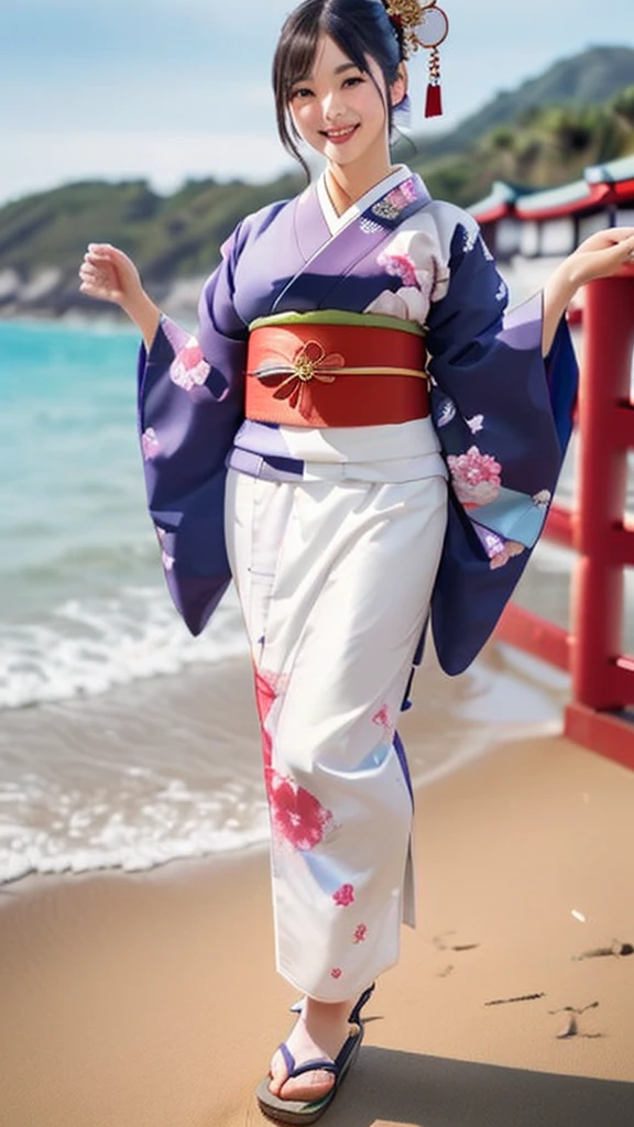 Highest quality,8Kのmasterpiece,Super detailed,超A high resolution,High resolution,Super Beauty,The beauty of raw photography:2.0,
((Ultra-Realistic Details)),Very intricate detail,(Photographed from the front:1.6),Depth of written boundary,
High background image quality,Full body description,(Realistic:1.5),(masterpiece:1.5),
(Perfect figure:1.5),(View from the front:1.9),Accurate,Anatomically correct,
(((Oily skin:1.8,Glowing Skin 1.5,Glowing Skin))),
Looking into the camera,Realistic:1.9,She wears a vibrant kimono decorated with intricate patterns and a wide sash.,
Gorgeous embroidered kimono,((A kimono with a wide open chest:1.5)),
(((Japanese Kimono:1.5))),((((1 female:1.9,solo)))),Colorful kimonos,
Wear a swimsuit under your kimono,
25 year old adult Japanese woman,Beautiful Hair,Delicate and beautiful face,Eye and facial details,Shining Eyes,
Symmetrical eyes,Beautiful light brown eyes,double eyelid,Thin eyebrows,(Glossy Lips:1.8),(blush:1.2),
(((Bursting Big Breasts:1.5,Don't show your areola,Cleavage:1.6))),
Huge breasts,Large Breasts,tits,The lower half of the body is hidden by the kimono and cannot be seen.,
Show off your chest to the audience,(Ultra-slim waist),Toned Abs,
Slim thighs,Narrow waist,Soft skin body,
Long black hair,Random hairstyle,
(((Best Smile:1.9,Smiling and showing white teeth))),
Height 175cm,Midsummer Beach,Woman happily running on the beach,