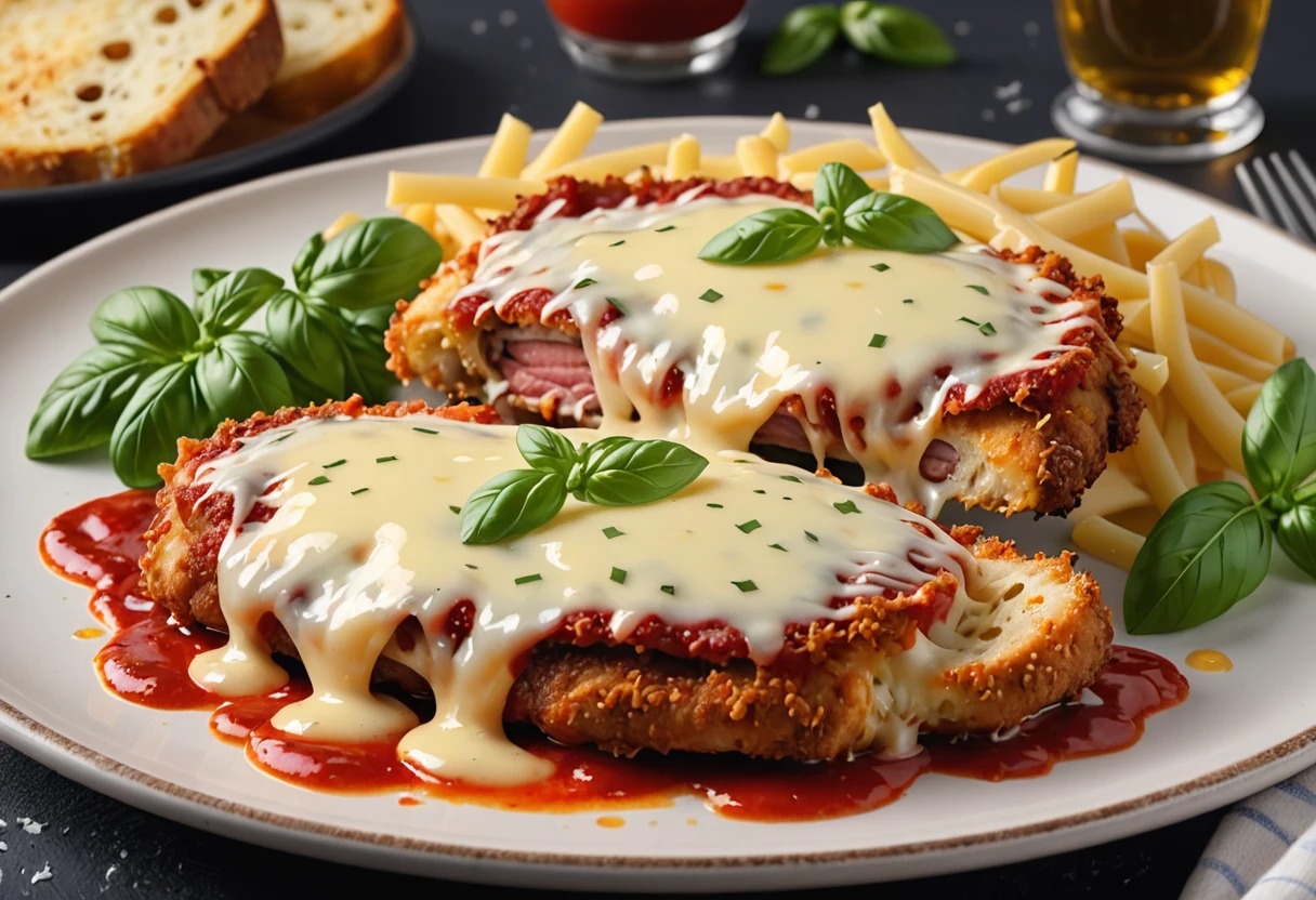 A 4K image of a plate of crispy steak parmigiana, is perfectly prepared, covered with a generous layer of melted cheese.