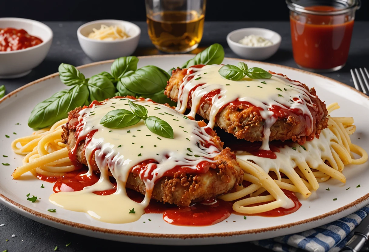 A 4K image of a plate of crispy steak parmigiana, is perfectly prepared, covered with a generous layer of melted cheese.