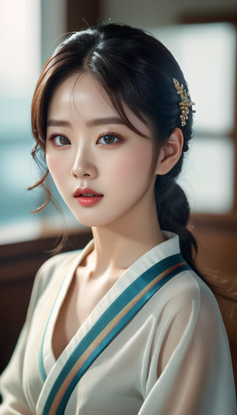 a beautiful korean idol, detailed realistic portrait, flawless skin, mesmerizing eyes, lush lips, elegant hairstyle, gorgeous facial features, natural lighting, photorealistic, cinematic composition, vibrant colors, sharp details, 8k, high resolution, masterpiece, award-winning digital art