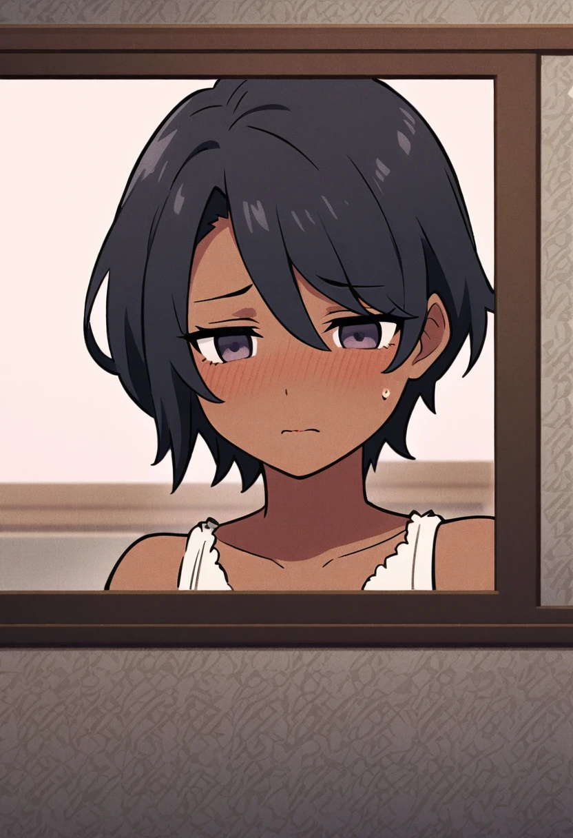 dark skin的女孩,Shy, shy,short hair,黑色short hair,Natural facial expression,one person,Comic style wallpaper,dark skin