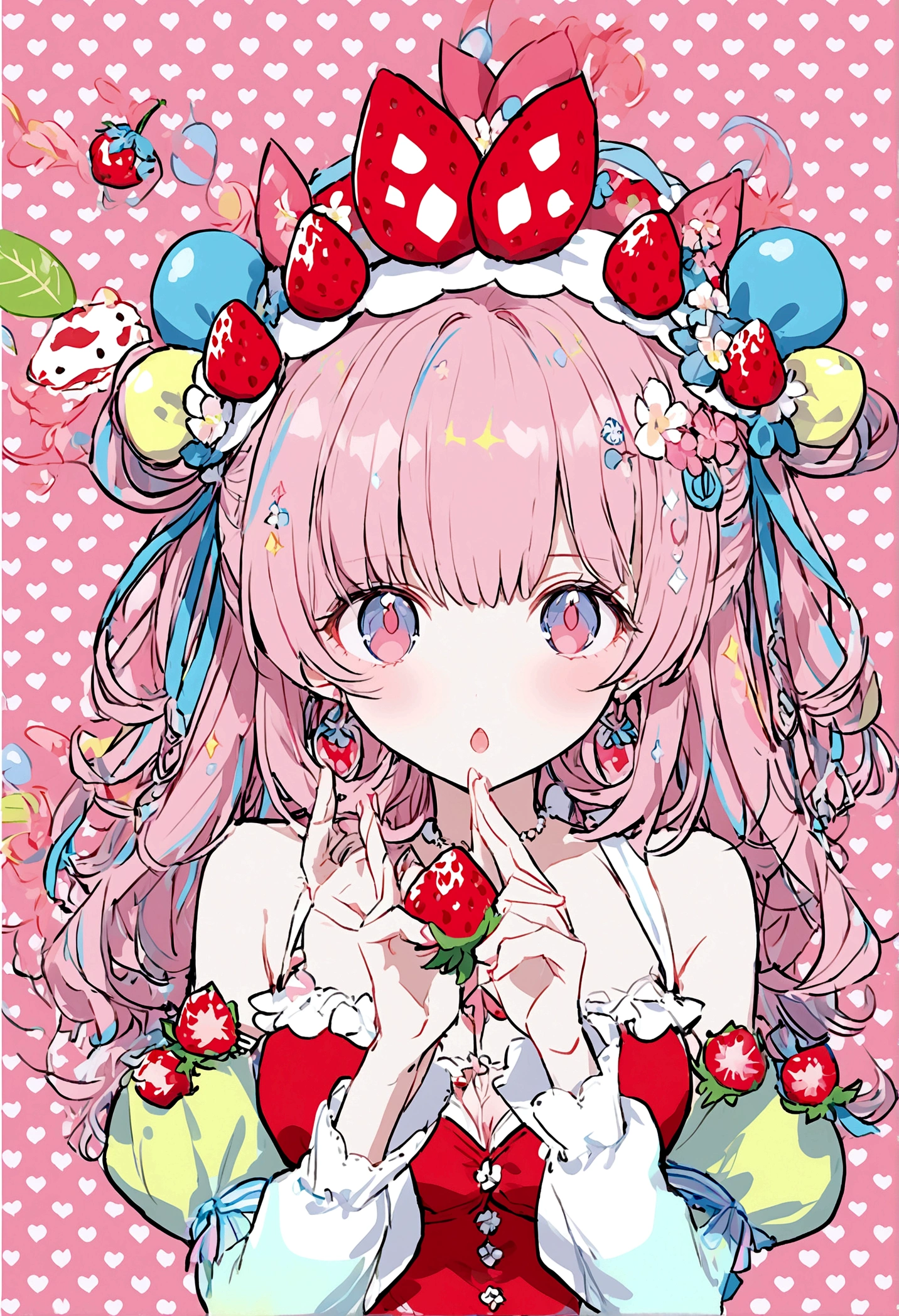 pink Candy is wearing a big strawberry hat with a red ribbon., White dress with long sleeves, And bare feet. 彼女のpinkの前髪はイチゴの帽子の下から覗いていて、Each eye has three eyelashes。. Shine; Sparkling Strawberry flowers