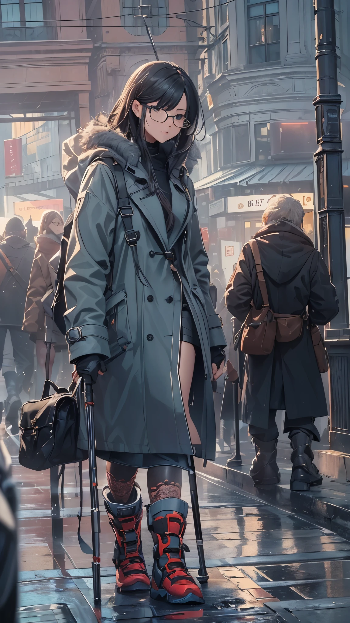 (Very detailed, Realistic), Cityscape, [moderately:Oil], [Professional:1.1], [Physically Based Rendering], [Bright colors], [Sharp focus], [Studio Lighting], [Extreme Detail], [Highest quality,4K,8K,High resolution,masterpiece:1.2],(Detailed face),((inside the street)),((there is many peoples in the street)),((One 18-year-old woman)),(Glasses),(Black unkempt hair),(dark),(it hurts),(Scary),[Nervous eyes],((many peoples are watching her of crutche’s user)), ((many peoples are watching her of crutche’s user)), ((many peoples are watching her of crutche’s user)),((She walks with crutches,Crutch length from armpit,Crutches are at her side)),((she leans on crutches)),((she’s putting on her legs in cast)),((leg braces)),((leg braces)),((she’s crutches user)),((Her feet are turned inwards)),(winter clothes ladies fashion,trench coat,tights),((lace-up-long-boots)),(gloves,Knee pads),.