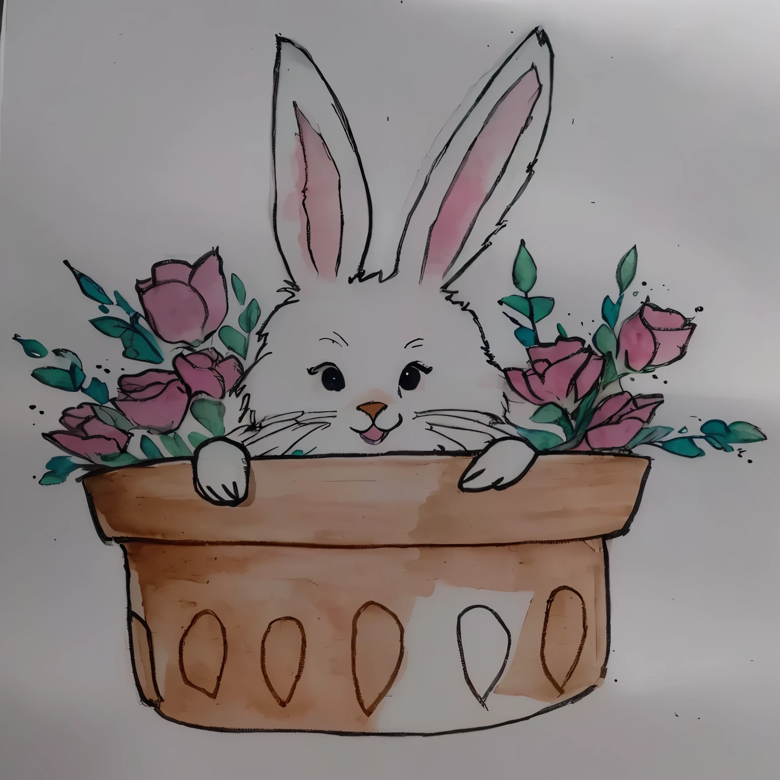 there is a drawing of a coelhinho in a flower pot, coelhinho, Tinta e aquarela wash, Tinta e aquarela, aquarela e caneta, detalhe adicionado, Aquarela, por Károly Lotz, a coelho full of hope, coelhinho ears, coelhinho head, anthropomorphic coelho, coelho face only, coelho, half coelhinho, with coelhinho ears