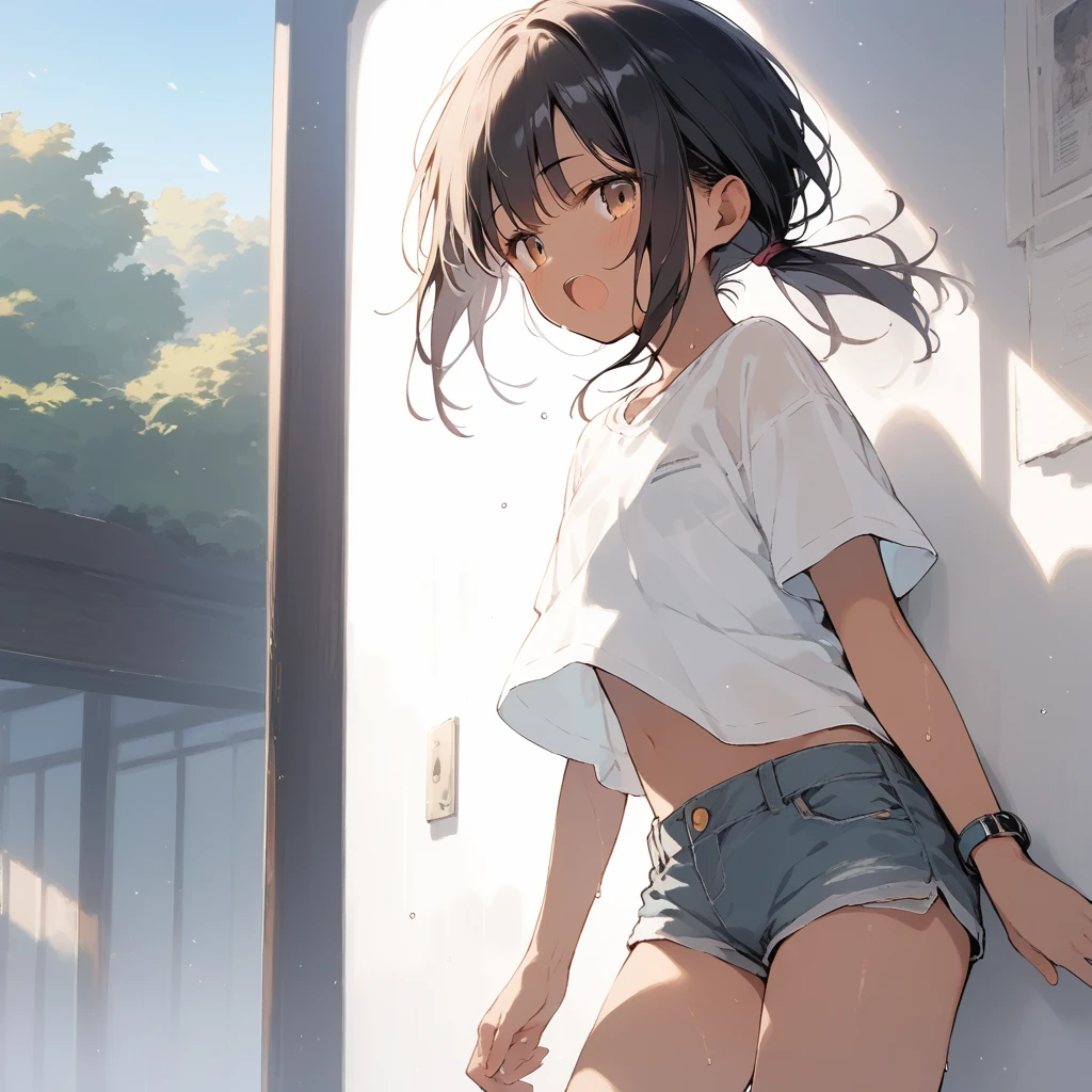 score_9, score_8_up, score_7_up, source_anime, best quality, masterpiece, official art, absurdres, highres, ultra-detailed,waifu2x,Collection: Slice of Life,break,1girl, tomboy, dark-skinned female, short hair, low ponytail, flat chest, beautiful detailed eyes, short shorts, sweat, open mouth, (yawn:0.3), sleepily, outdoors, wind, break,(clear line illustration:1.2),very high resolution, very aesthetic, super detailed skin, Best sexual lighting powered by famous artist, 8k,cute picture,beauty illustration,photoshop_(medium),,(Detailed Lighting),best anime 8k konachan wallpaper, pixiv contest winner,