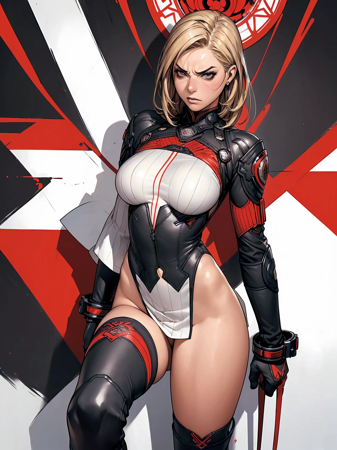 (((best qualityer))), (((perfectbody))), (((1girl))), She is beautiful and deadly, electric powers, lightning comes out of your hands, sparks run through your body, She wears a modern future superhero outfit, your eyes have a red iris, her hair is blonde pulled back, breasts big, love the league, (((red and white checkered pattern clothing, Long black boots up to half bare thigh, long black gloves with 3 red stripes, pose de atitude, sexly, Sauvage, expression of hate, Angry, in the background a wall with intricate graffiti done by Shepard Fairey