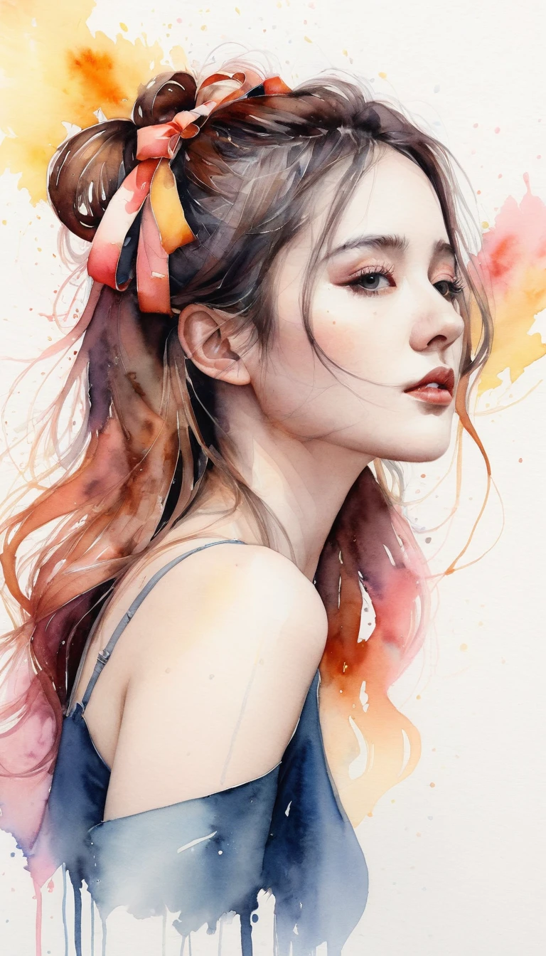 (8k, best quality, masterpiece:1.2),(best quality:1.0), (ultra highres:1.0), watercolor, a beautiful woman, shoulder, hair ribbons, by agnes cecile, half body portrait, extremely luminous bright design, pastel colors, (ink:1.3), autumn lights,