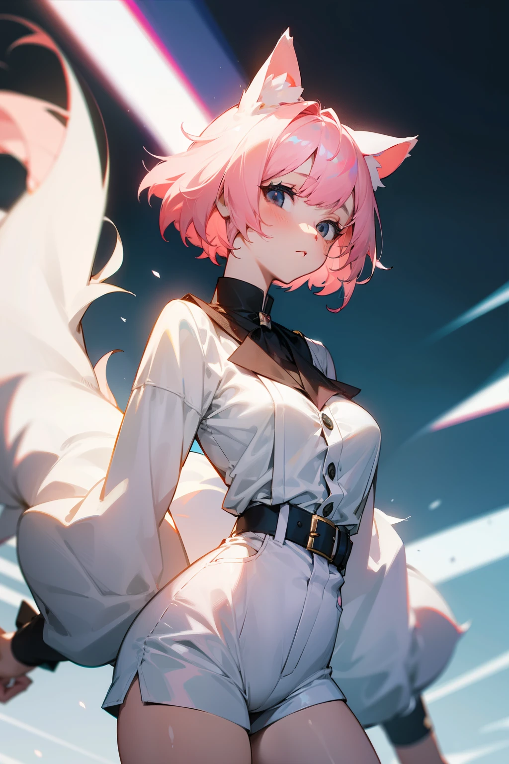 Cute girl, short white hair, white cat ears, white cat tail, black eyes, rosy cheeks, pink hair tie, big breasts, short pants