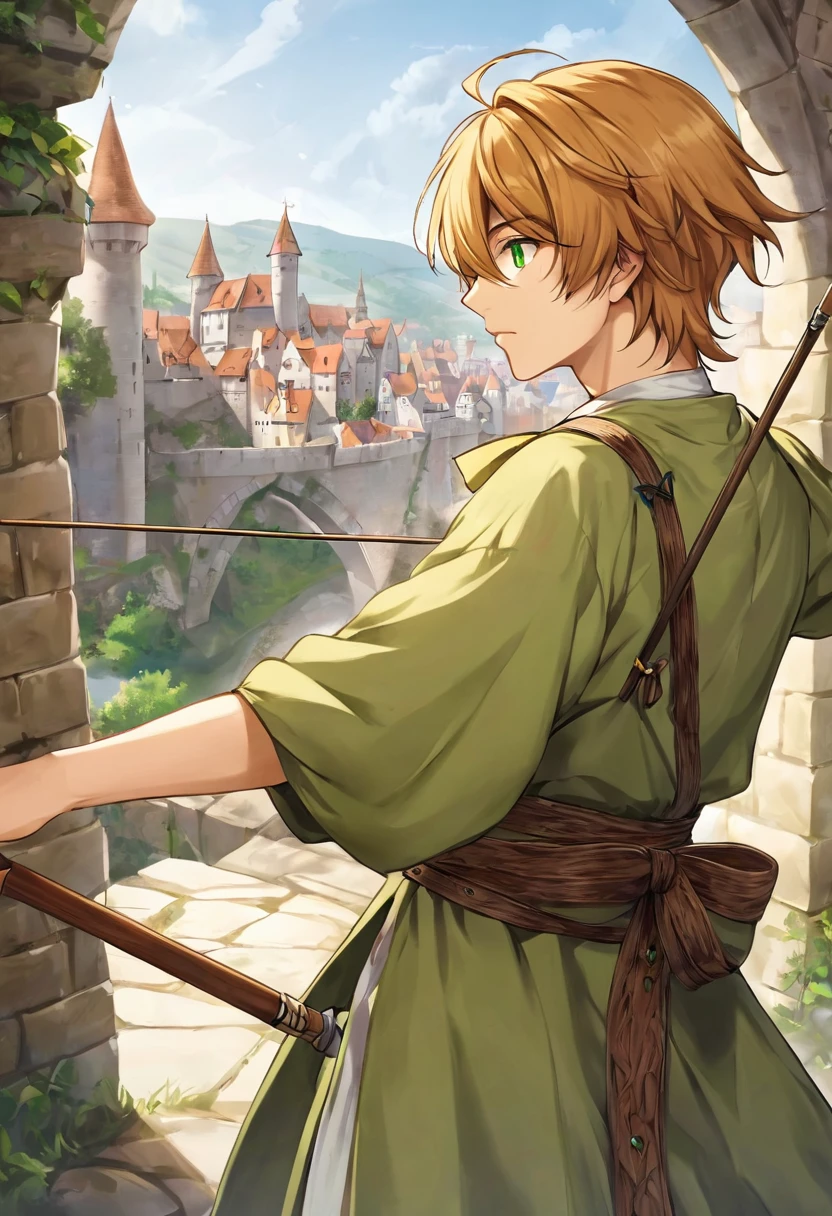 One young man、Ocher Hair、Hairstyle、short、Green Eyes、Slanted Eyes、Light clothing in medieval Europe、Aim and draw the bow、From the side、Ultra high definition