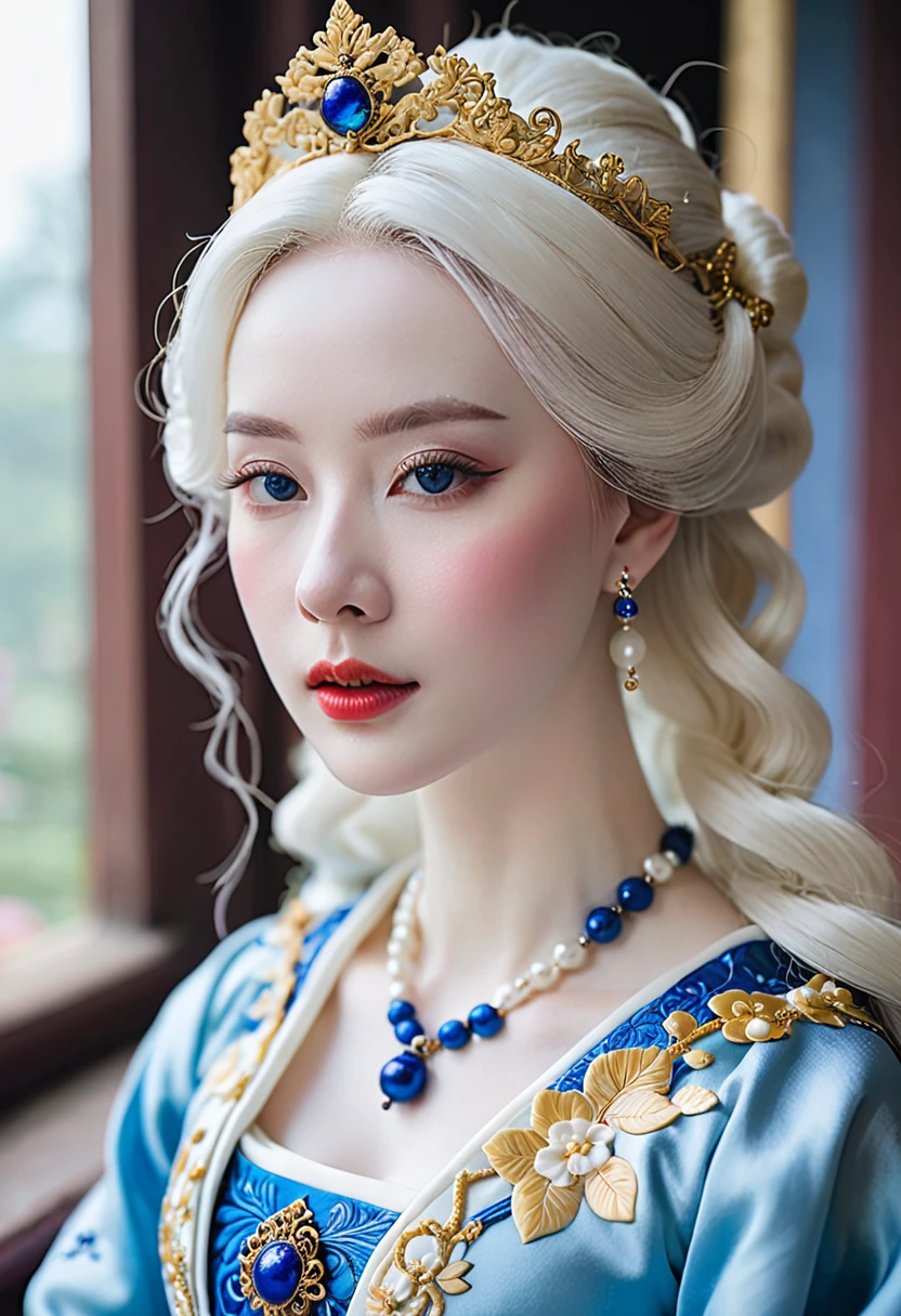a close up of a woman wearing a blue dress and a necklace, rococo queen, pale porcelain white skin, porcelain pale skin, a beautiful fantasy empress, pale snow white skin, porcelain white skin, palace , a girl in hanfu, ((a beautiful fantasy empress)), ball jointed doll, pale milky white porcelain skin, # rococo