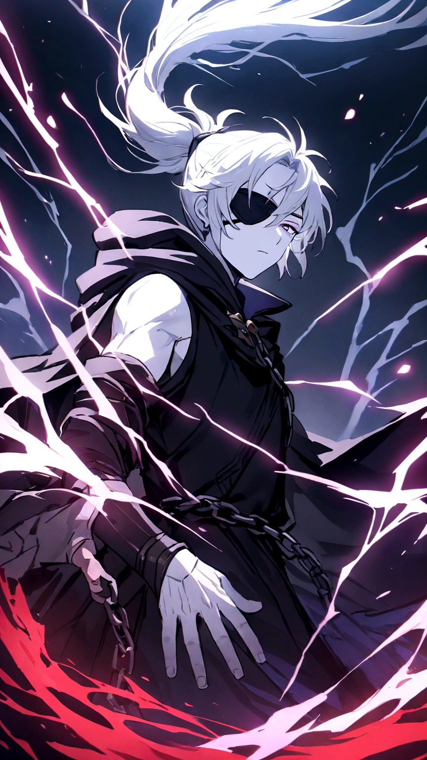 Anime character, a man, medieval era. Young man, 20 years old, large body, cold gaze, cold expression, white skin, short messy gray hair, ponytail, left eye patch, black clothes, black shirt, dark cape with hood, chains. frontal camera. Walking in a sea of ​​blood. Three moons shining high in the sky, purple, red and blue. White electricity emanating from his body, black electricity emanating from his left hand. Right eye shining in a white ray. Thunderous white lightning. (best quality, 4k, 8k, high resolution, masterpiece: 1.2), vibrant, ultra-detailed colors, chiaroscuro lighting, dramatic pose, intricate details, fantasy, mystical, powerful