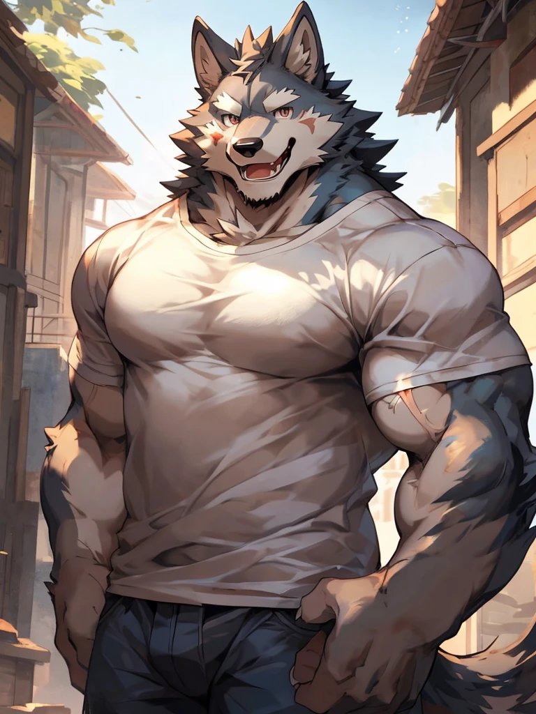 (2d cel anime:1.5),half body shot,looking at viewer, (best quality:1.3), (masterpiece:1.3), (ultra detailed:1.5),(detailed eyes),sharp focus,japanese anime,manga,(droopy eyes),(anthro male:1.3),(wolf:1.2),smile,open mouth,huge muscular,(beefy:1.2),(big fellow),tall,(wide shoulder width),((cool T-shirt)),large thigh,(by null-ghost:0.9),by lindong