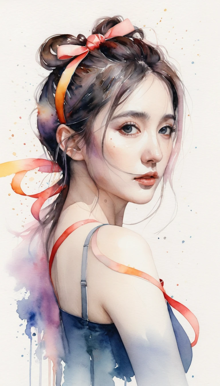 (8k, best quality, masterpiece:1.2),(best quality:1.0), (ultra highres:1.0), watercolor, a beautiful woman, shoulder, hair ribbons, by agnes cecile, half body portrait, extremely luminous bright design, pastel colors, (ink:1.3), autumn lights,