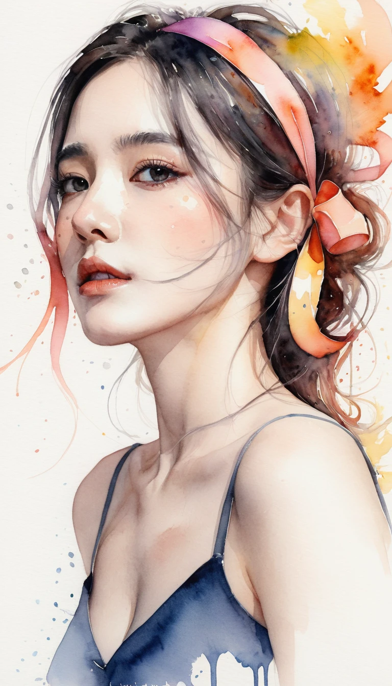 (8k, best quality, masterpiece:1.2),(best quality:1.0), (ultra highres:1.0), watercolor, a beautiful woman, shoulder, hair ribbons, by agnes cecile, half body portrait, extremely luminous bright design, pastel colors, (ink:1.3), autumn lights,