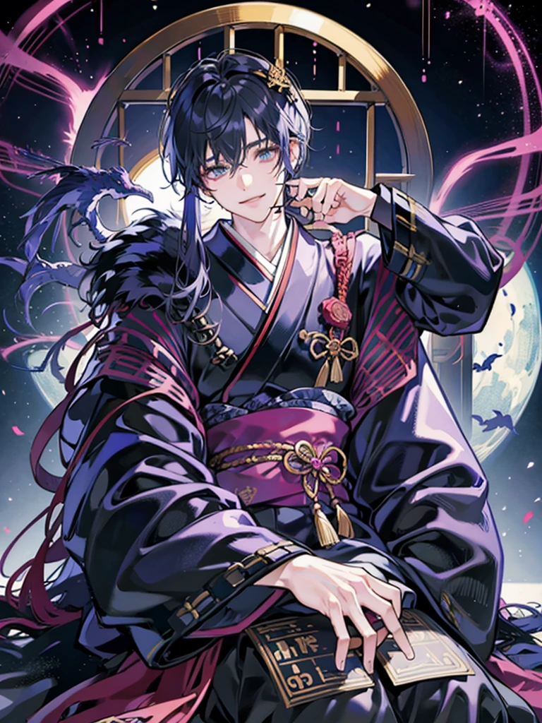adult、male、dark、front、kimono、cyber punk、smile、One person、Throne、Japanese、Single color background、