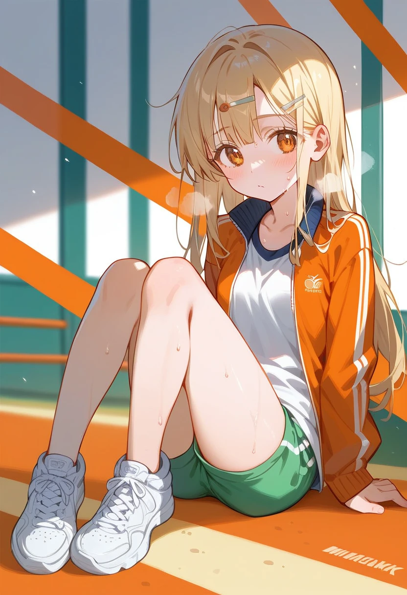 nsfw,best quality, masterpiece, uncensored, BEARK, hiro-gym,shinosawa hiro,slender,orange eyes,white eyelashes,blonde hair,long hair,hairclip,track jacket,green shorts,(open clothes),(down shorts),white sneakers, many sweat on head, heavy breathing, head focus, transparent sneakers, open shirt,