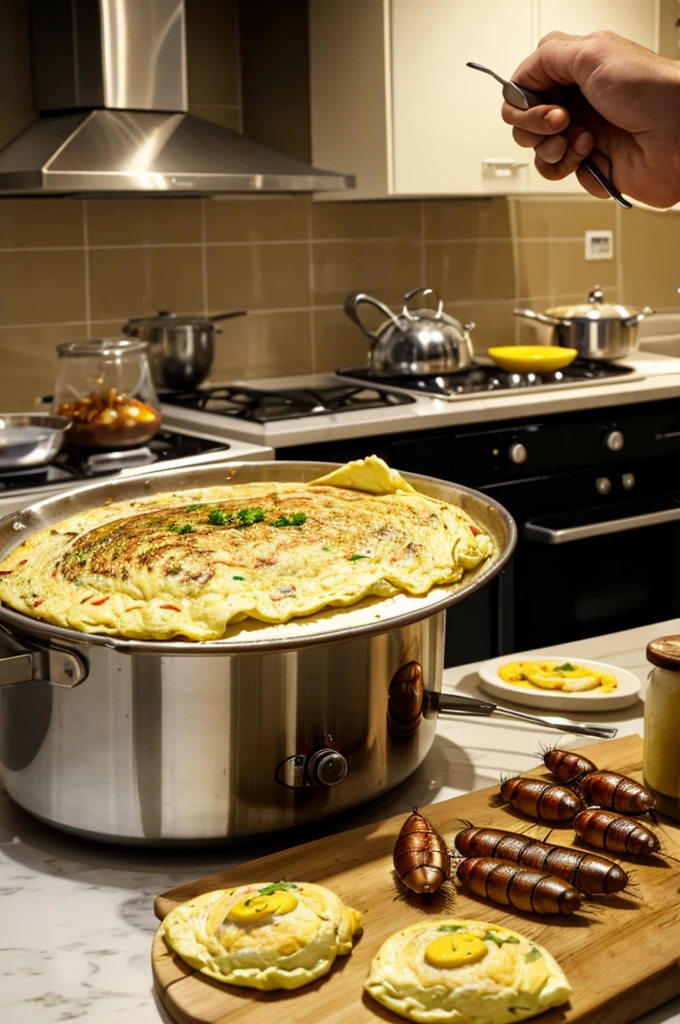 A cockroach larva cooking an omelet in a French kitchen