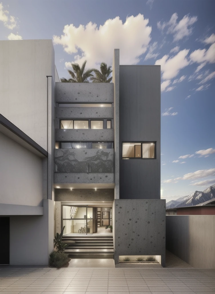 architectural concrete_finish, modern house, fair-face concrete, concrete, street view, in the mountains, daylight, cars, (masterpiece) 