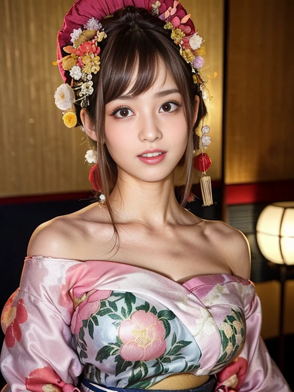 (One Girl), Very cute face, Great face and eyes, (Highly detailed eyes, Highly detailed face), Fresh, Very beautiful appearance, (Ultra-Realistic, High resolution), (Highest quality:1.4), RAW Photos, (Realistic, Photorealistic:1.37), Professional photography, (Floral Yukata:1.5), (Open yukata), (Cleavage:1.2), (Bare shoulders), Laugh a little, (look at me), Bedroom, Portrait of a Girl,