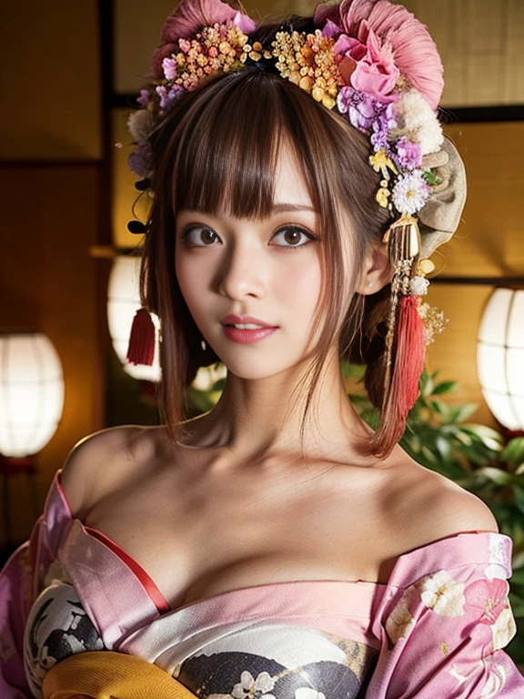 (One Girl), Very cute face, Great face and eyes, (Highly detailed eyes, Highly detailed face), Fresh, Very beautiful appearance, (Ultra-Realistic, High resolution), (Highest quality:1.4), RAW Photos, (Realistic, Photorealistic:1.37), Professional photography, (Floral Yukata:1.5), (Open yukata), (Cleavage:1.2), (Bare shoulders), Laugh a little, (look at me), Bedroom, Portrait of a Girl,