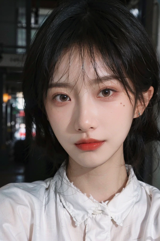 (Skin details:1.4), (smooth skin textures:1.3), Lipstick, Upper body，Upper Body，background, earrings, serene, calm, （Dress conservatively：1.8），(Realistic and detailed eyes：1.2）, Natural skin texture, Realistic facial details, Soft dramatic lighting, Vivid details, 35 mm film, outdoor, (Photo Practical:1.4), (hyper Practical:1.4), (Practical:1.3), (Smoother lighting:1.05), (Improve lighting quality:0.9), (Highest quality real skin textures:1.4), Exquisite eyes, Delicate face, Close-up of face, (Enhance the beauty of skin texture:1.1), Hair details,  model，normal body ratio, short hair, Moles under the eyes, Medium shot，Portrait Photography, Depth of Field, Bokeh, Surrealism, Ray Tracing, (Portrait Photography:1.1), Surrealism, High Detail, Chiaroscuro, Ray Tracing, reflected light, Ultra HD, Ultra HD, masterpiece, Textured Skin, Super Detail, High Detail, high quality, best quality